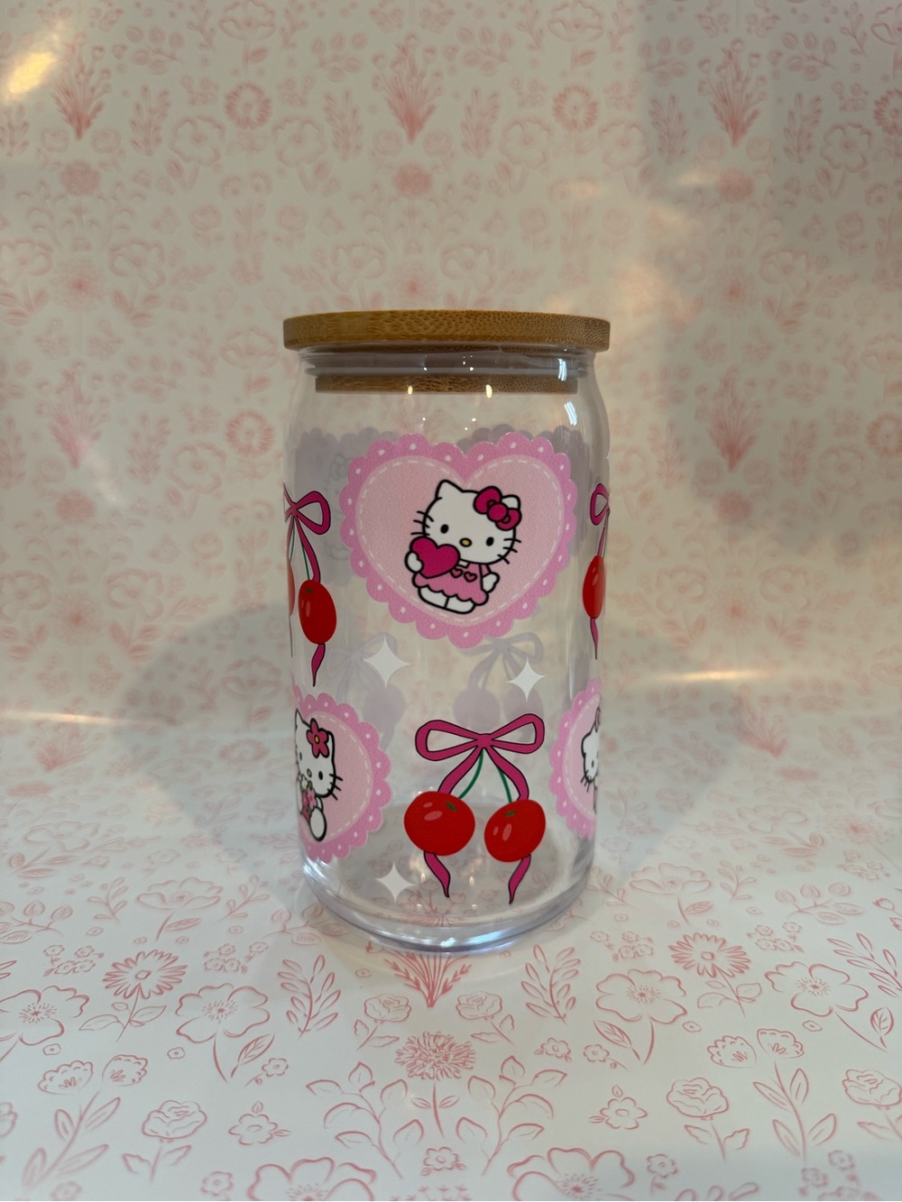 Hello Kitty Pink & Red Cherry Glass Canister with Bamboo Lid and glass straw